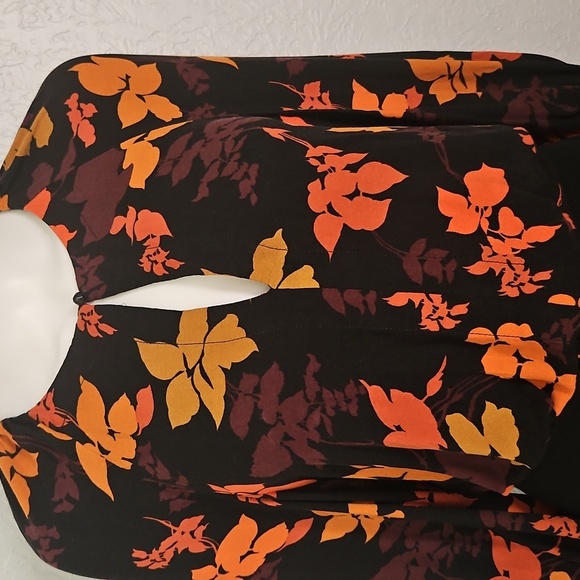 MANGO Floral Black and Orange Keyhole Long Sleeve Tie Waist Blouse - Picture 4 of 8